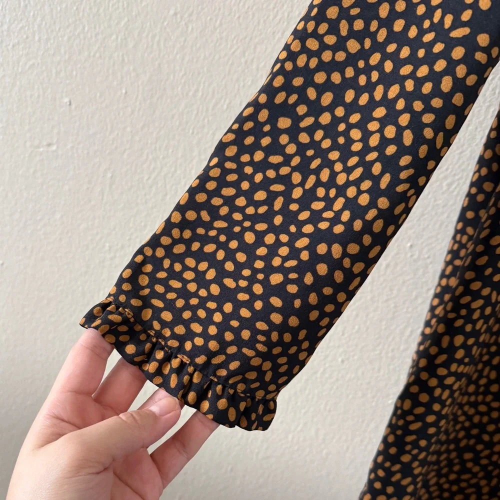 J. Crew Black Camel Abstract Spot Shift Dress Mock Neck Ruffle Trim Size 2